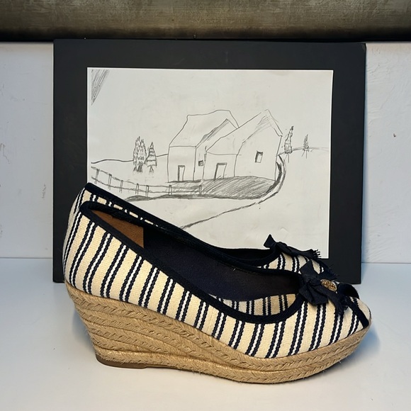 Tory Burch Jackie Striped Peep-Toe Wedge  Women’s Size US 11 B - Picture 3 of 15